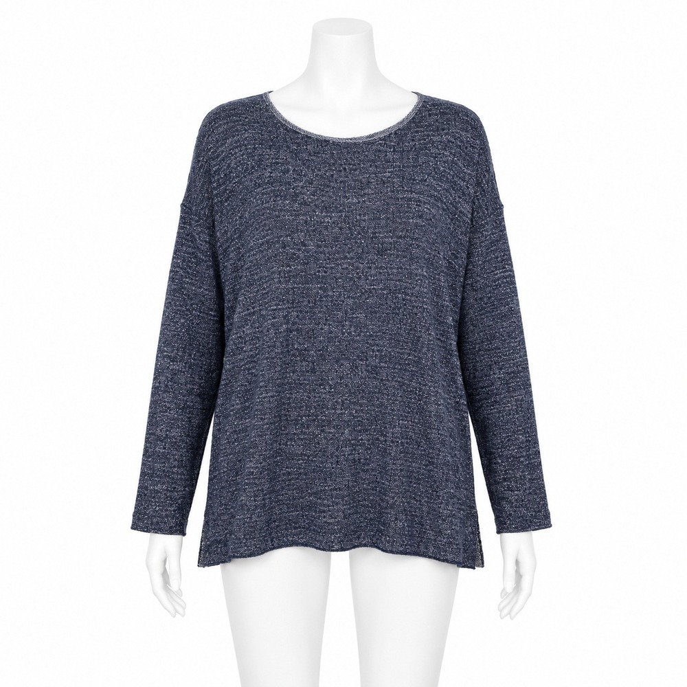 Eileen Fisher Top Womens‎ L Blue Organic Linen Cotton Knit Boat Neck Side Slits